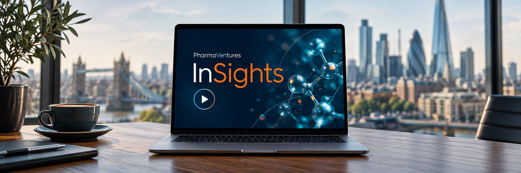 PharmaVentures InSights on a modern laptop overlooking London